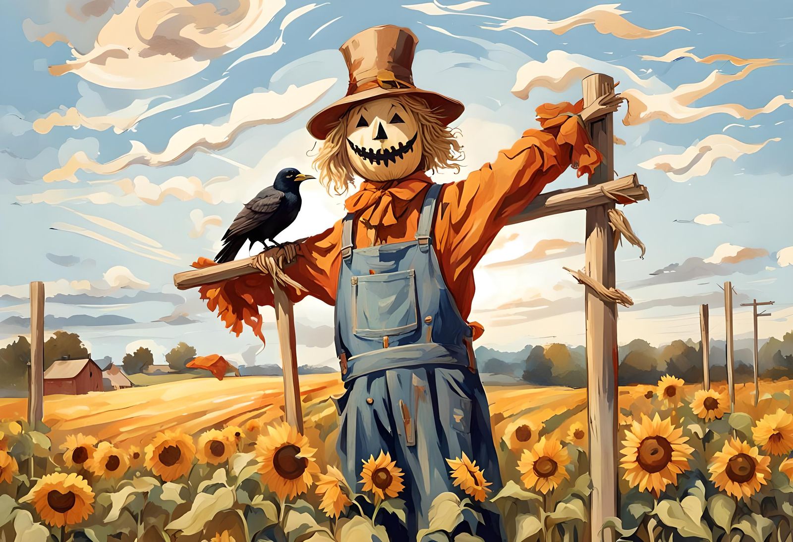 Happy Scarecrow in Spring Field, Vintage Illustration