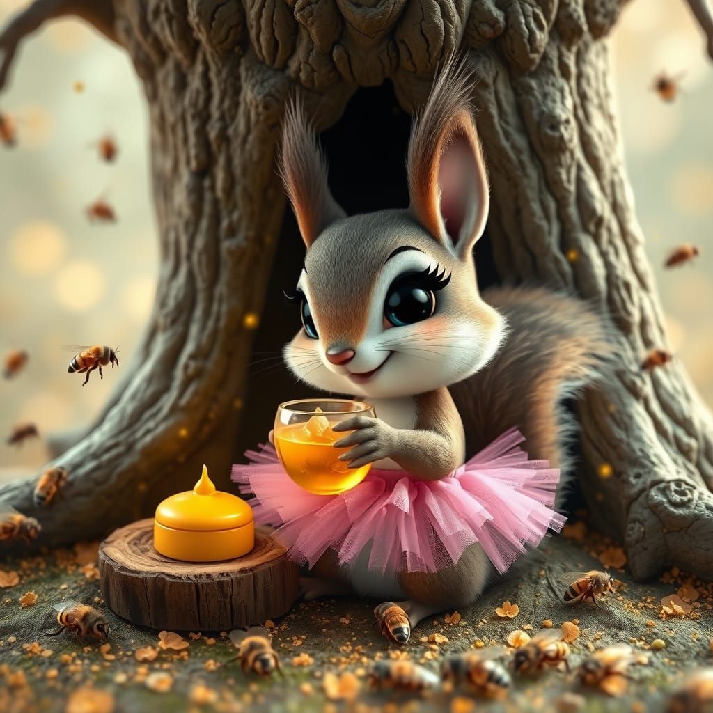 Cute mini squirrel in a pink Chibi bimbo tutu with a super cute face, happy, charming, with big blue eyes and black eyel...
