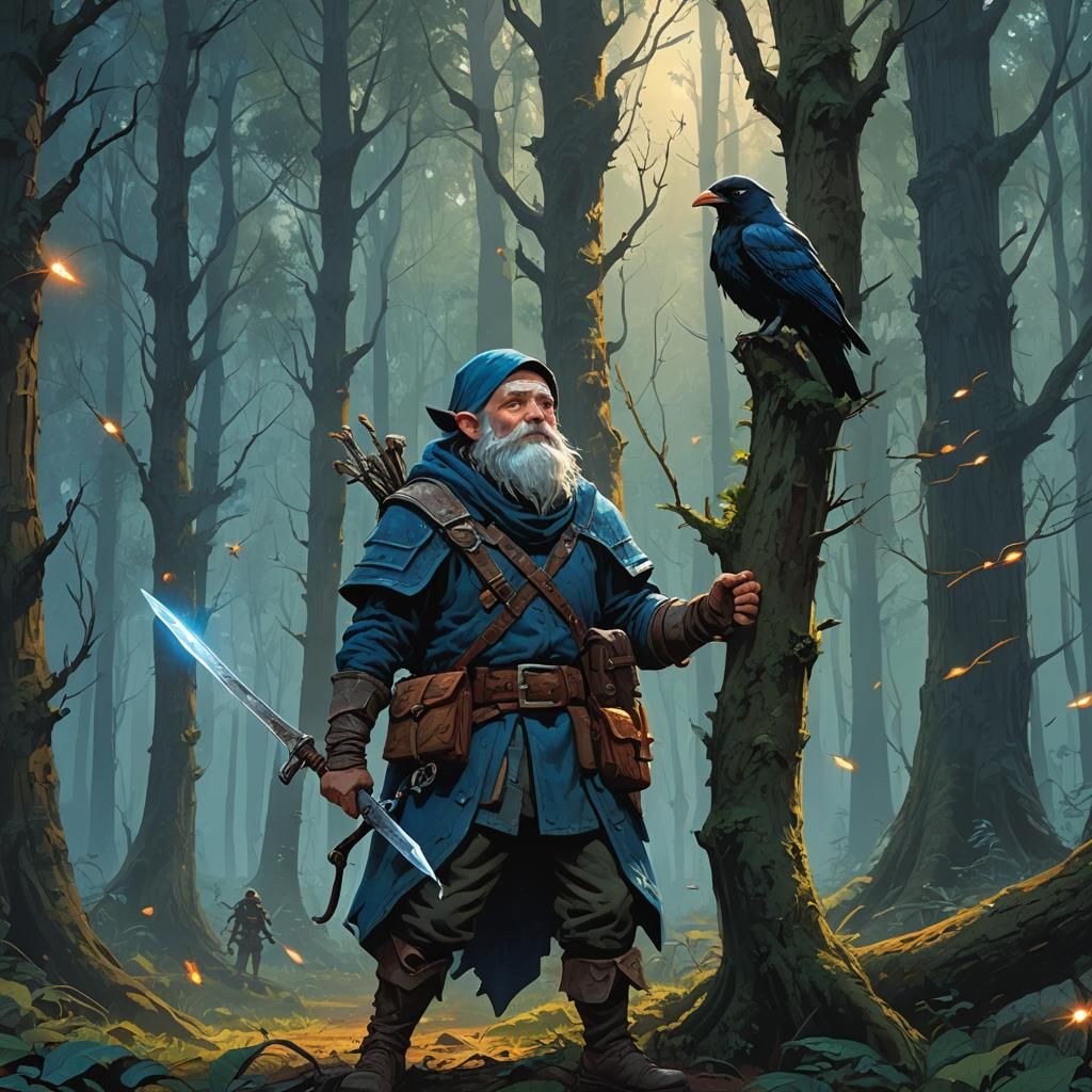 Gnome Rogue in Mystical Forest, Matte Painting Style