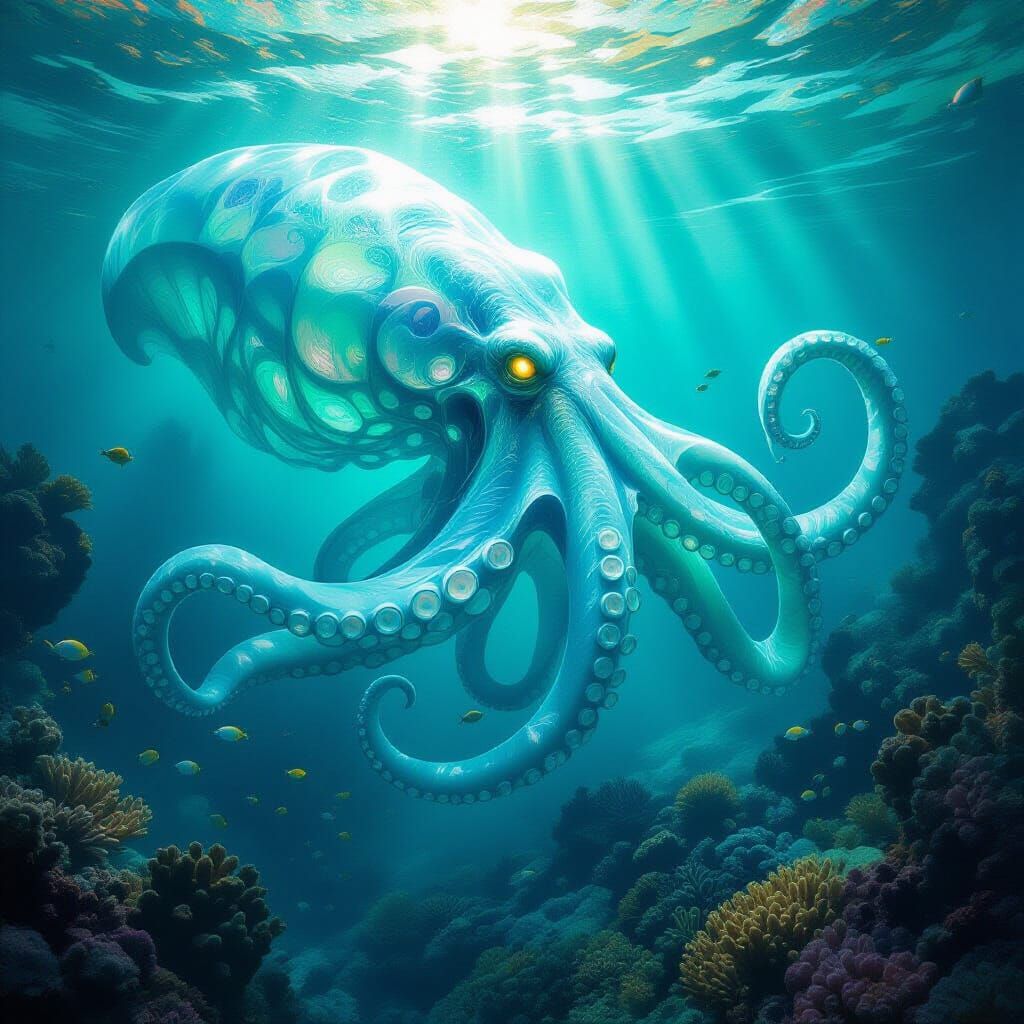Ethereal Kraken in Prehistoric Ocean, Hyperrealistic Matte P...