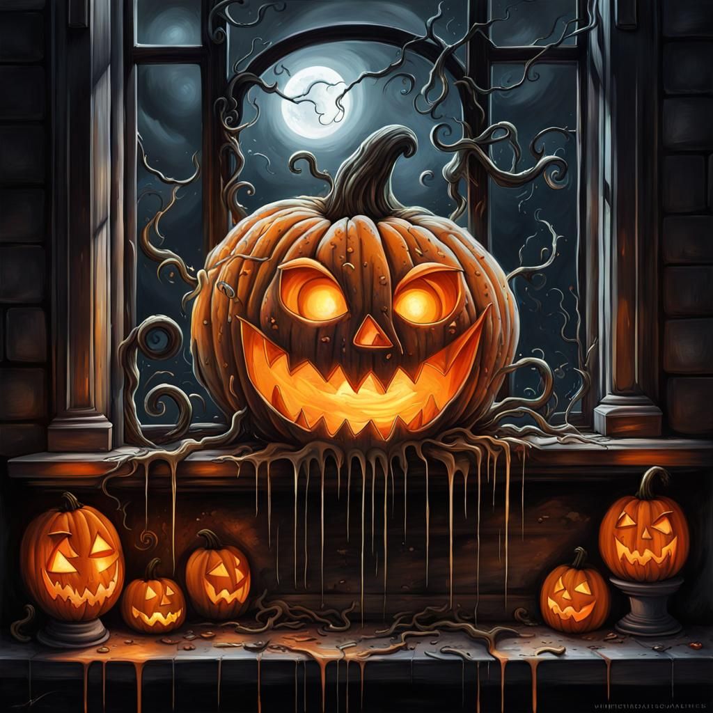 Whimsical Jack-o-Lantern Graffiti Art on Gothic Sill
