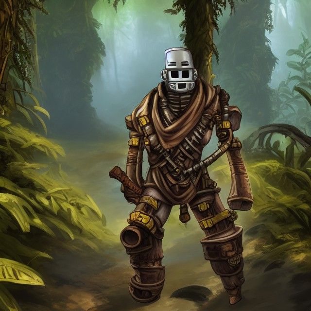 Warforged Artificer Adventuring in Jungle Ruins