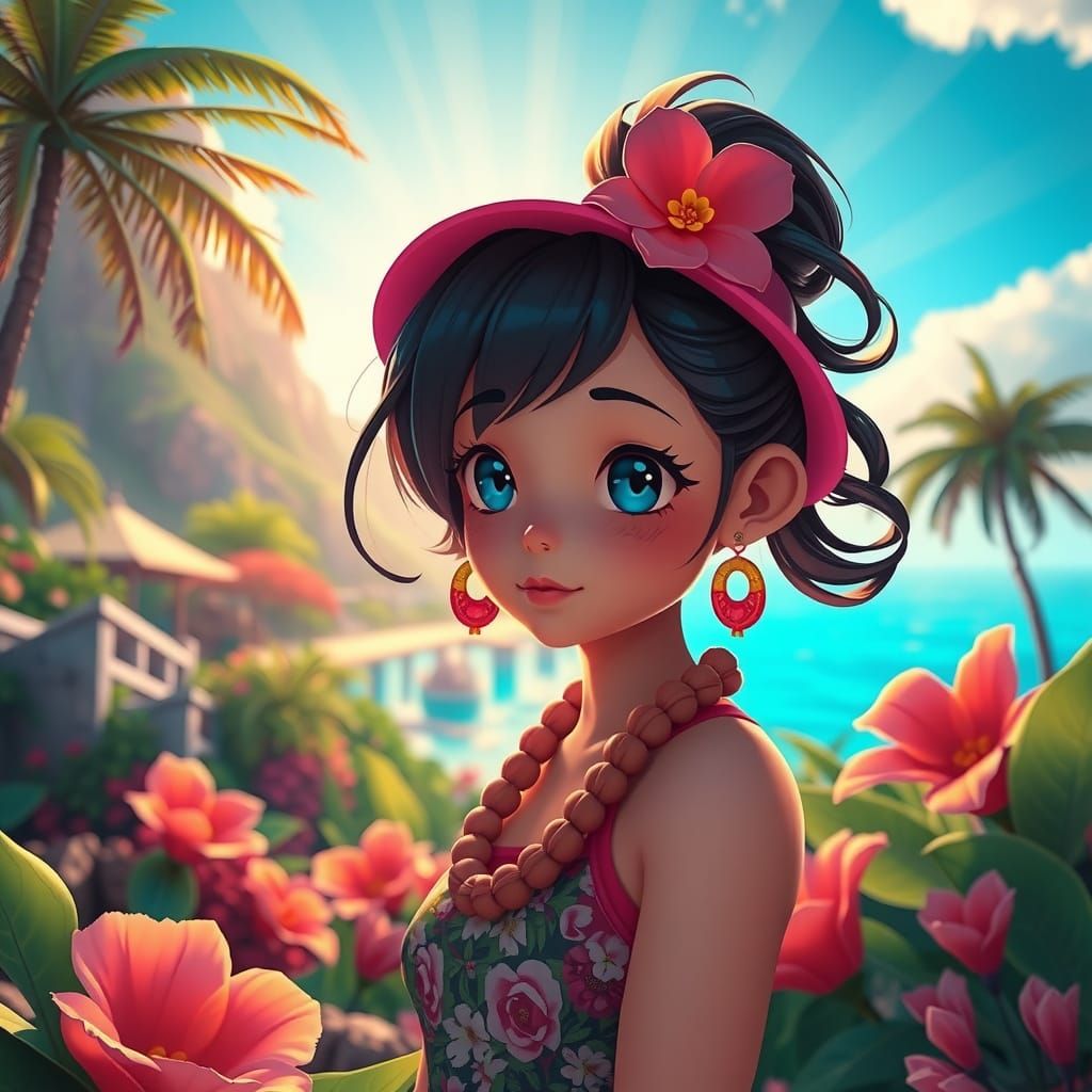 Vibrant Kawaii Girl in Surreal Hawaii: 3D Anime Art