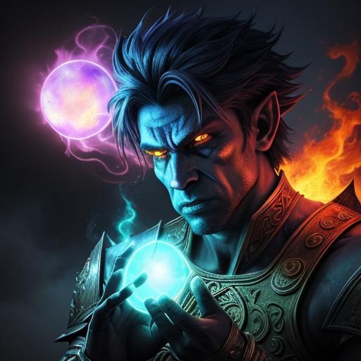 Mystical Orc Wields Fireball in Neon Fantasy Art