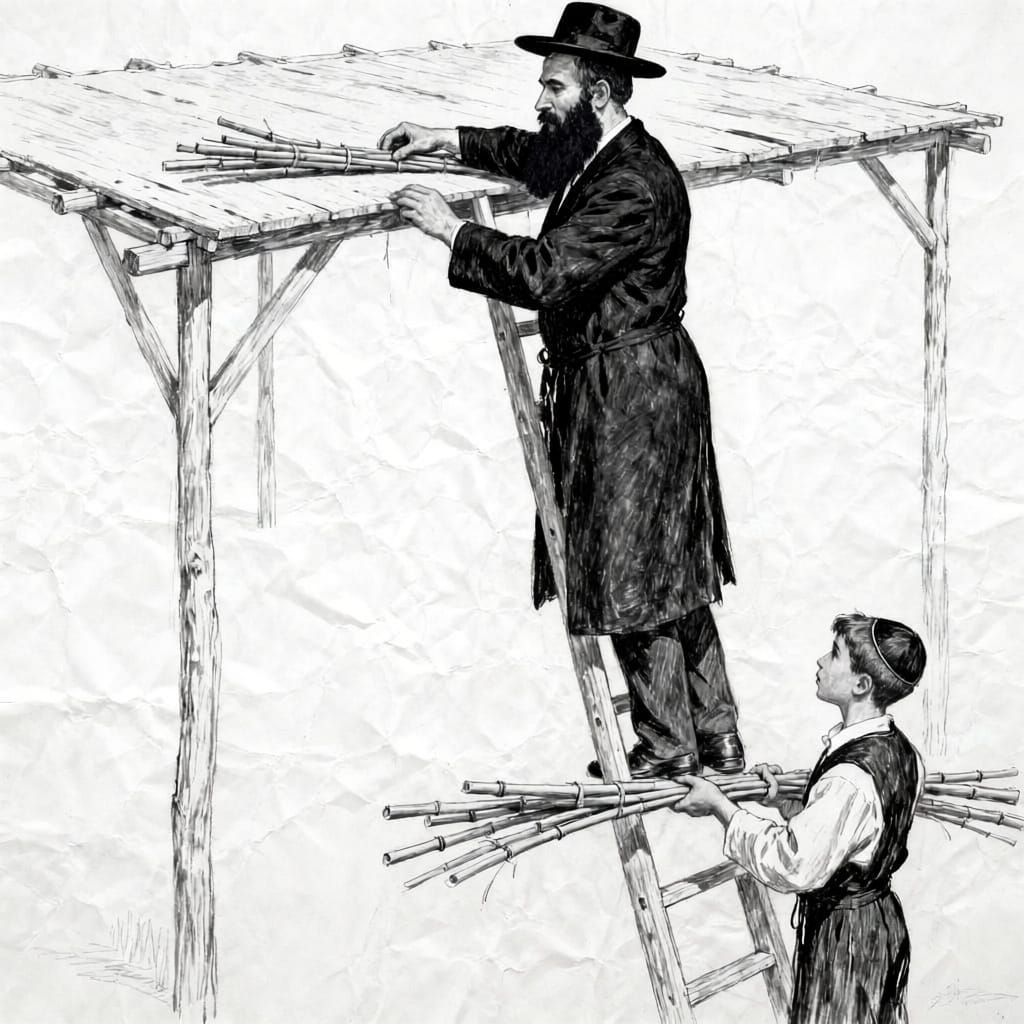 Father and Son Build Succah in Pencil Sketch Style