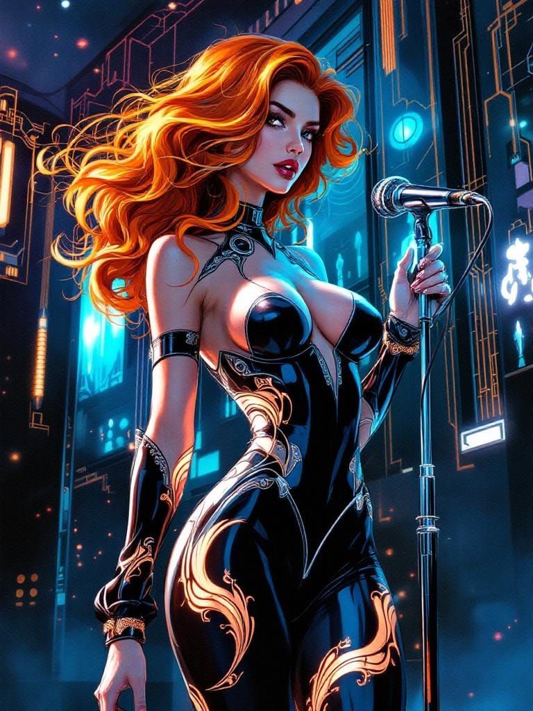 Confident Woman with Chrome Microphone in Art Nouveau Style