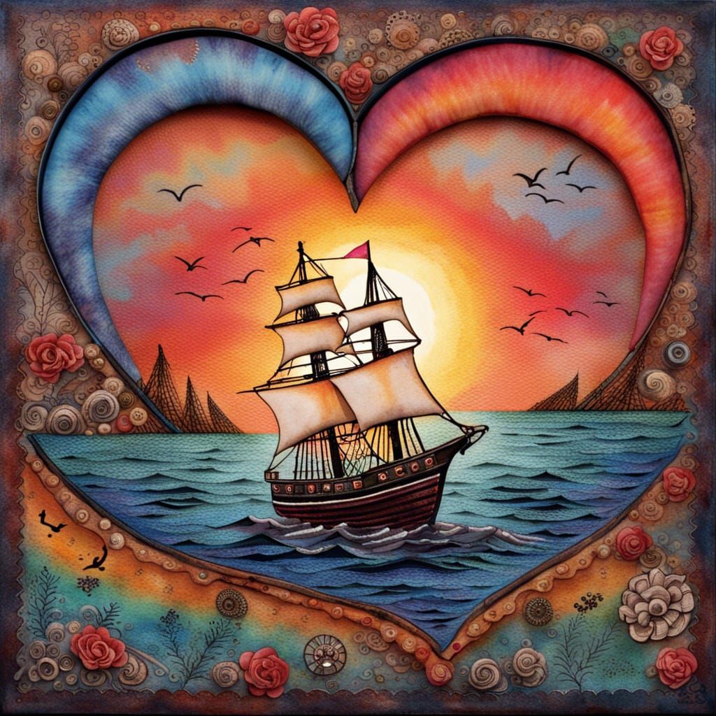 Heart-Ships Sailing at Sunset in Folk Art Style