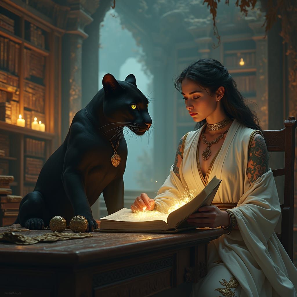 Ethereal Scholar in Ancient Library