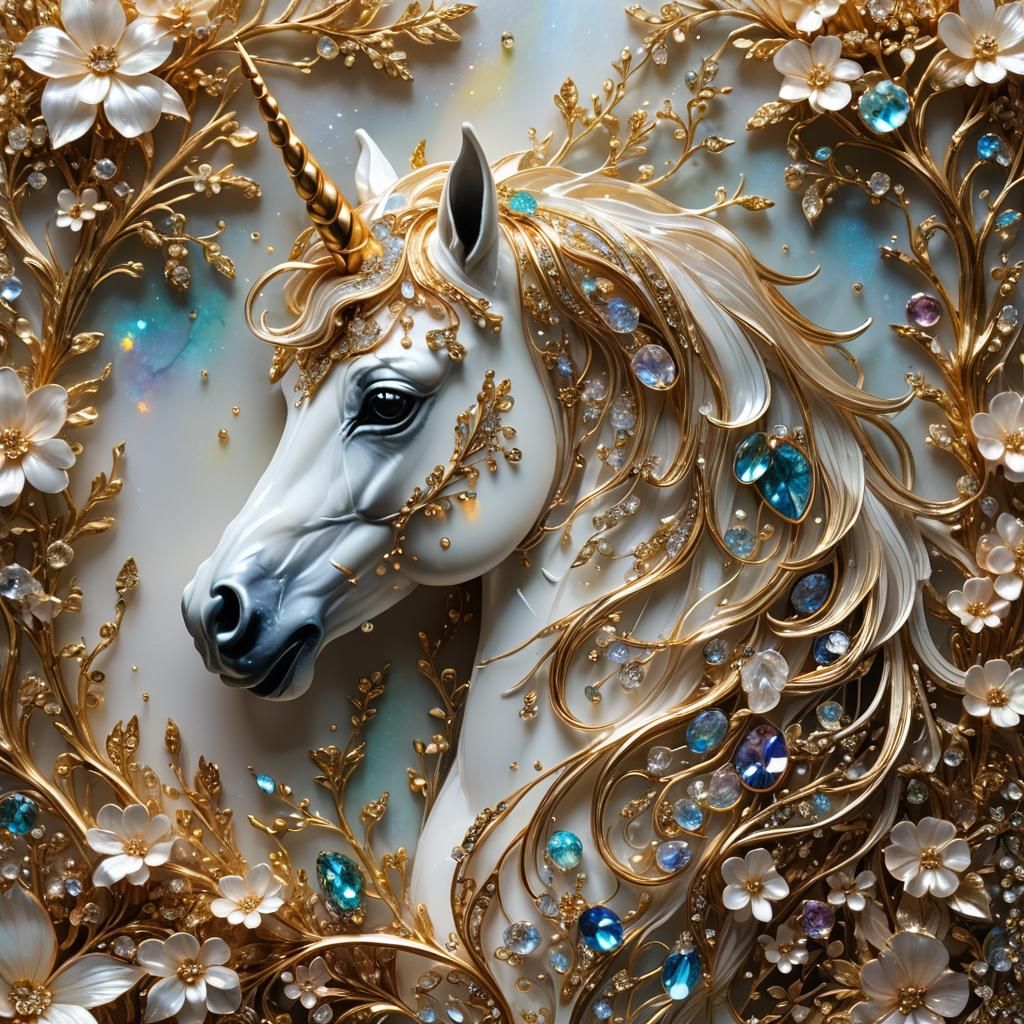 Crystal Unicorn with Gold Dust and Iridescent Flowers