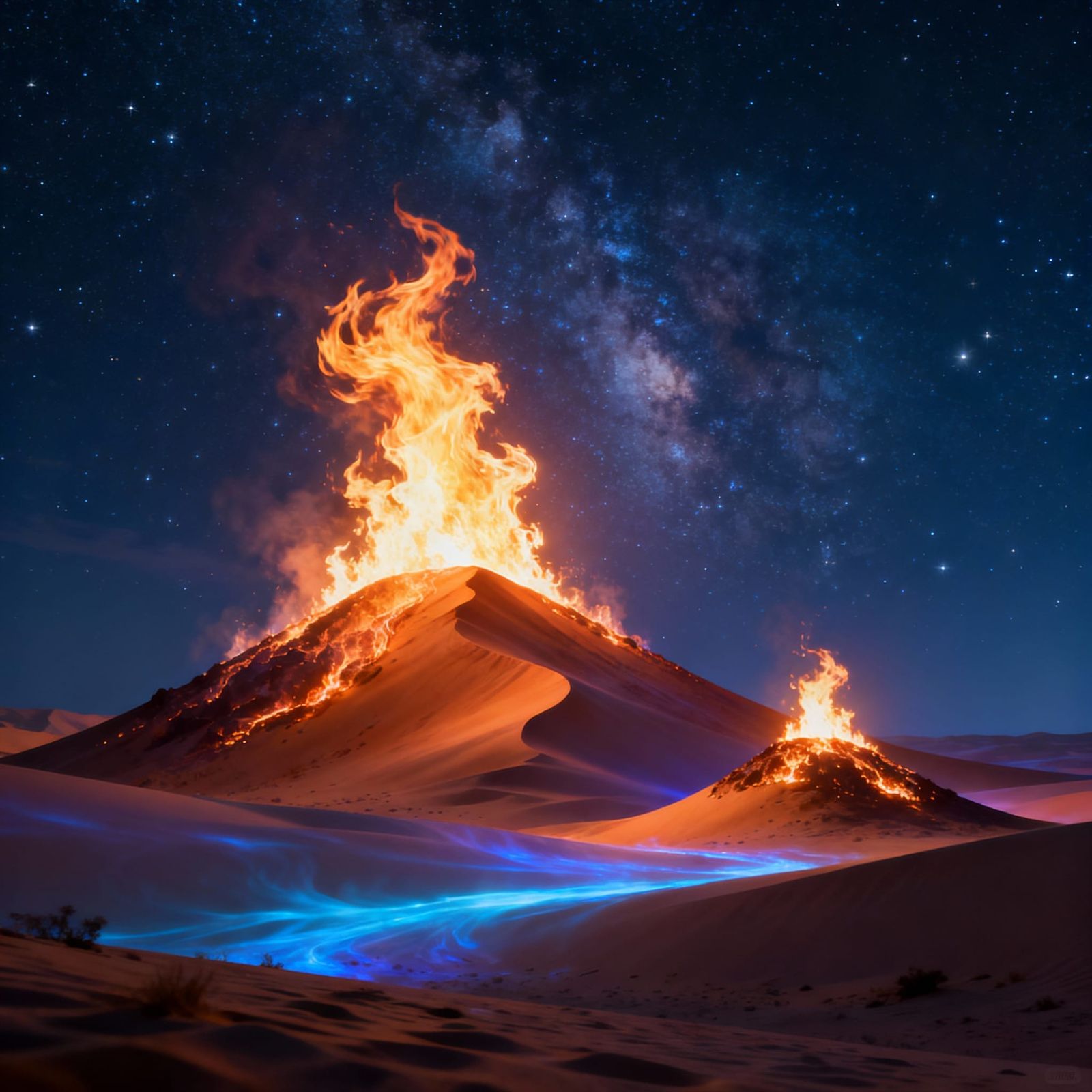 Burning Desert Dunes Under Starry Night Sky