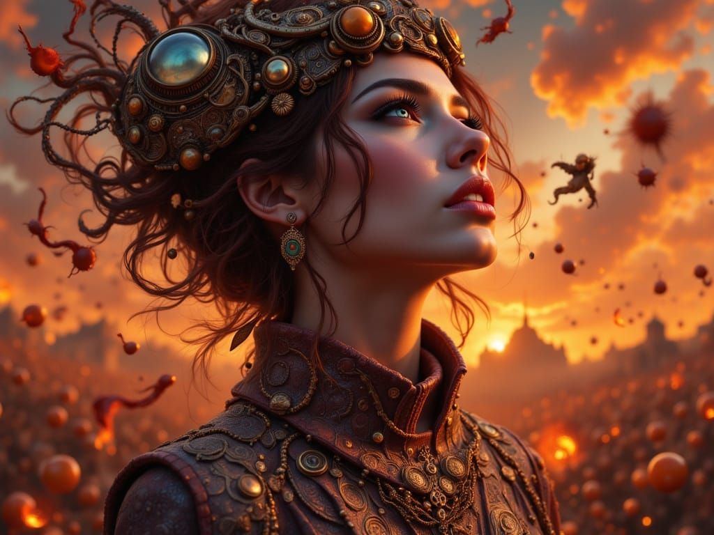 Woman Gazing at Fiery Sky in Digital Art Style