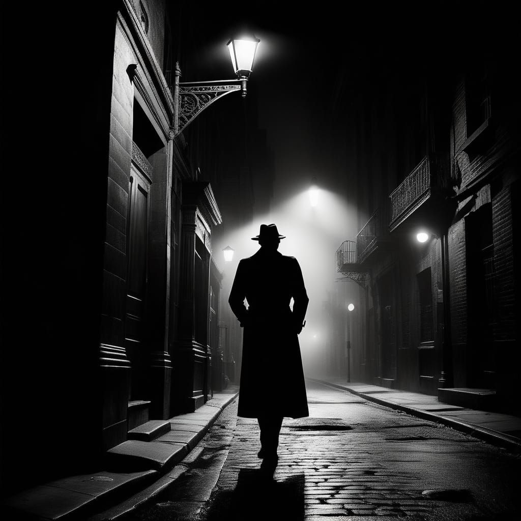 Moody Film Noir Woman Strides Through City Shadows