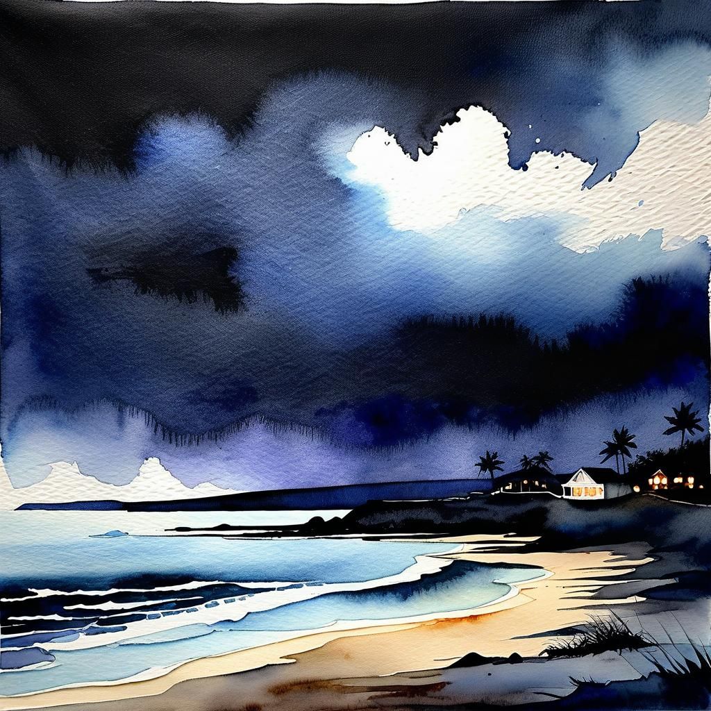 Twilight Beach: Dark Moody Watercolor Painting