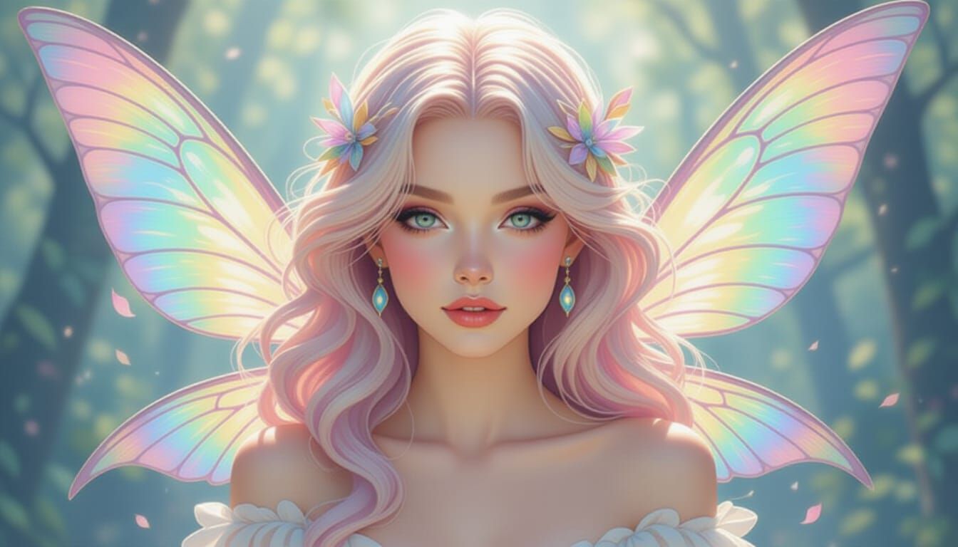 Ethereal Fairy Portrait with Iridescent Wings in Airbrush St...