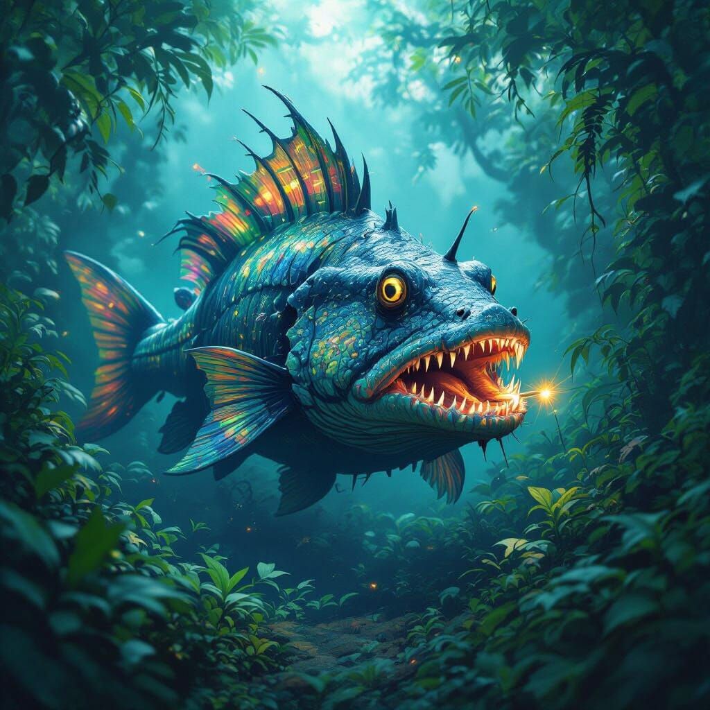 Bioluminescent Anglerfish-Crocodile Hybrid in Jungle