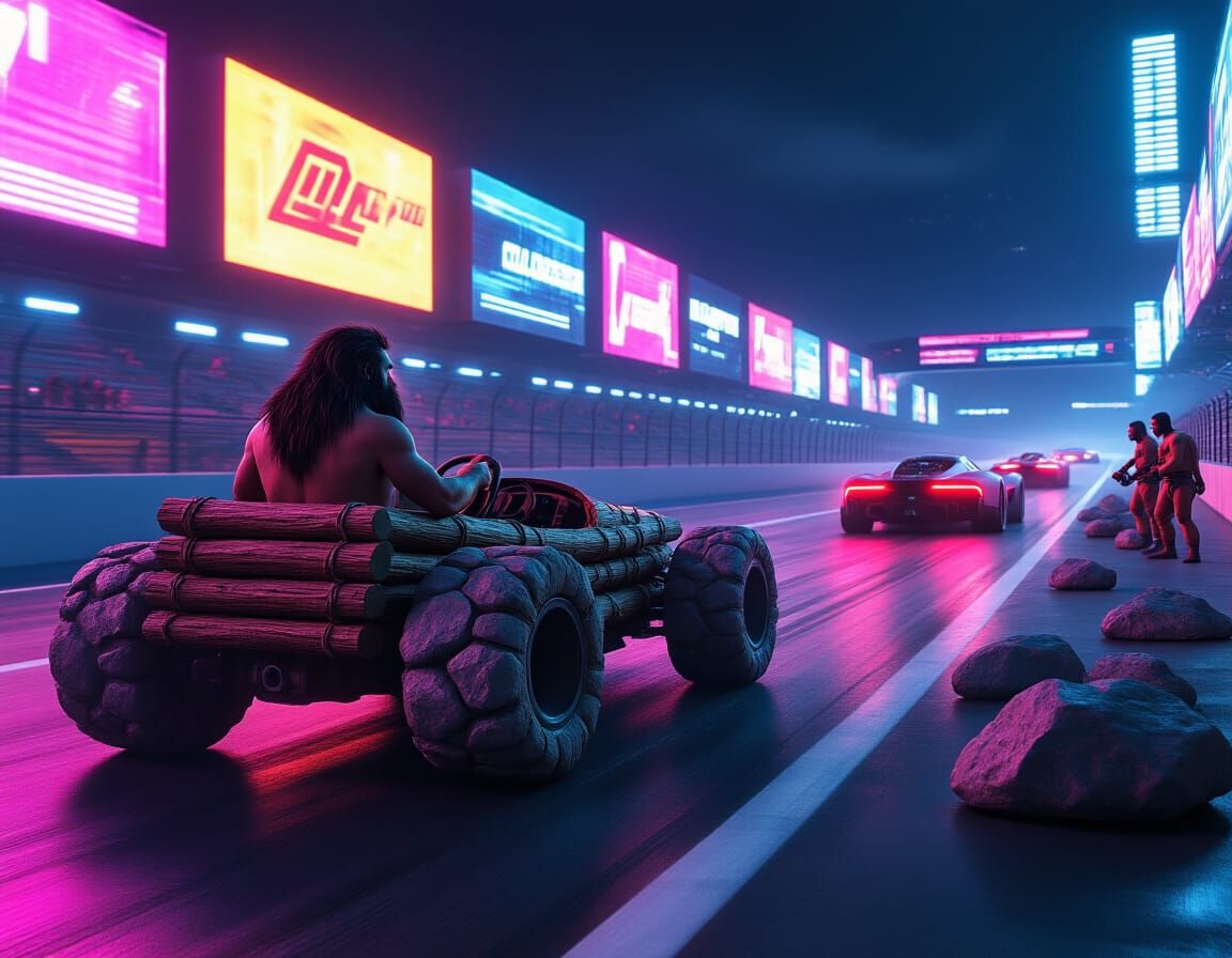 Futuristic Racetrack with Caveman Driver