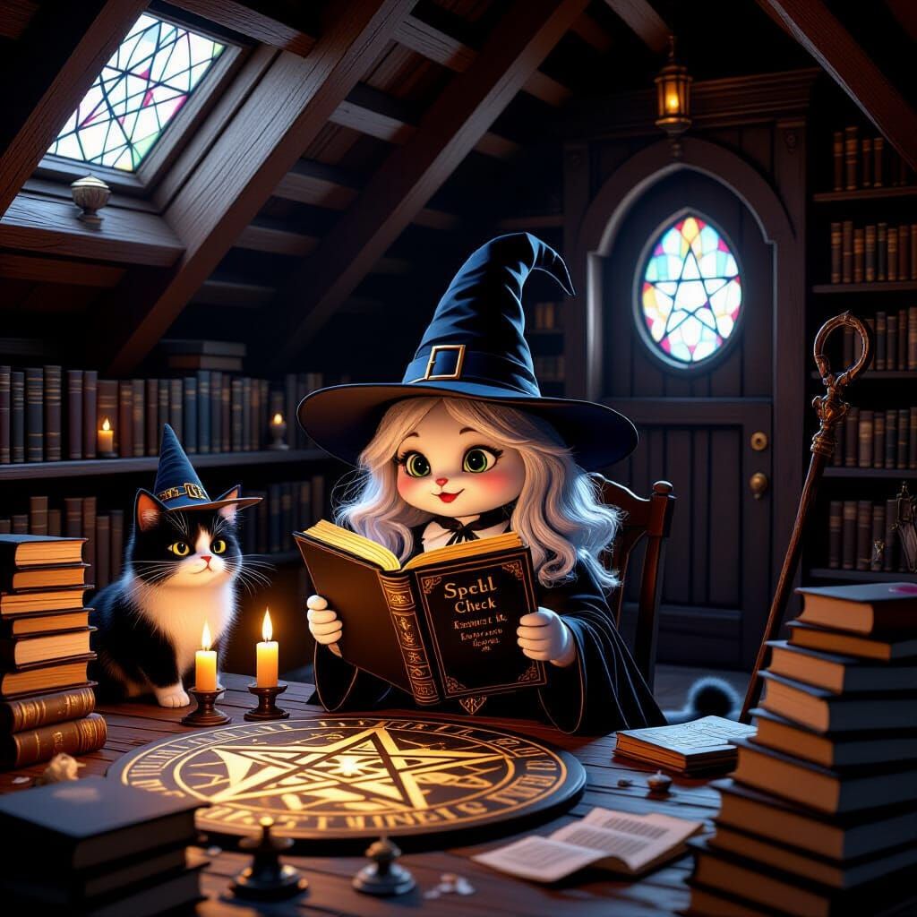 Cute Witch Checks Spell with Tuxedo Cat, Anime Art