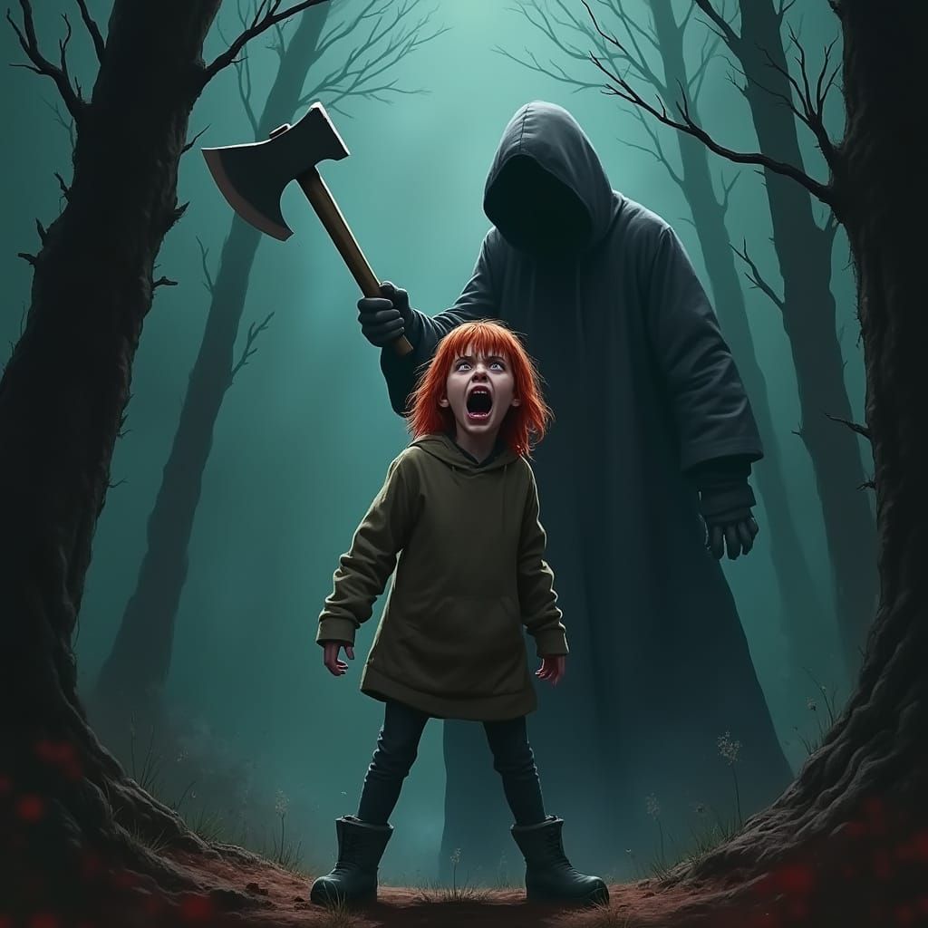 Teenager Screams in Ominous Forest with Axe-Wielding Figure