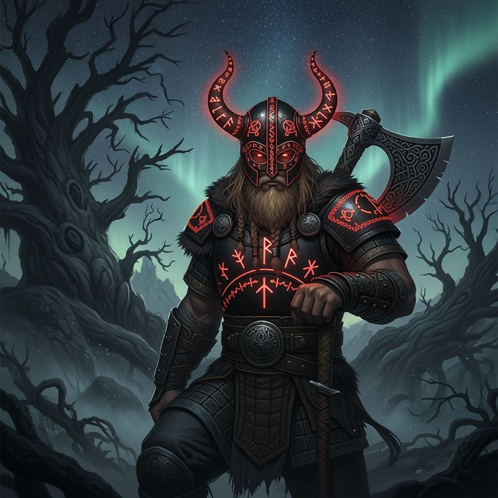 Viking Warrior in Mystical Forest, Fantasy Art Style