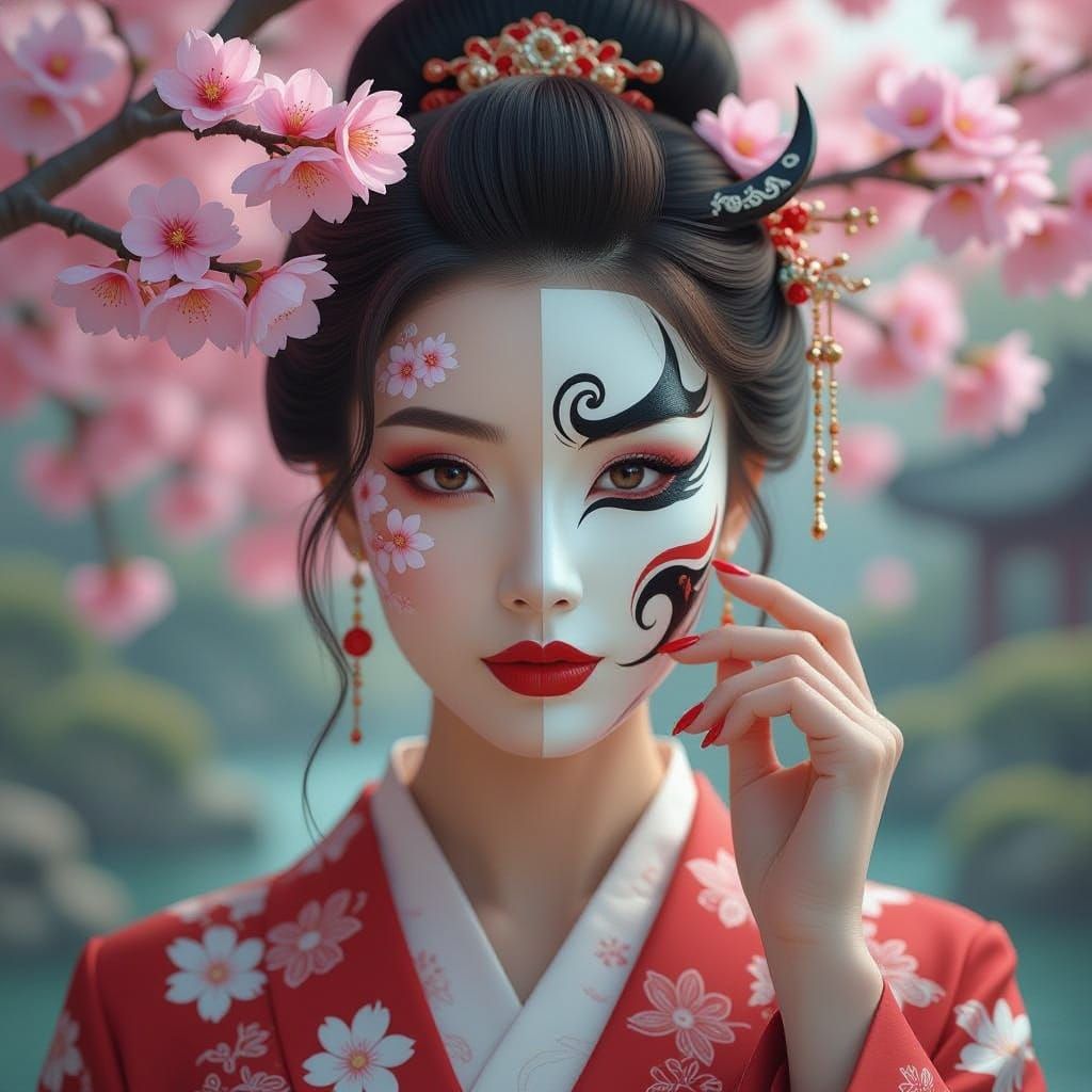 Chinese Woman with Cherry Blossoms and Mask