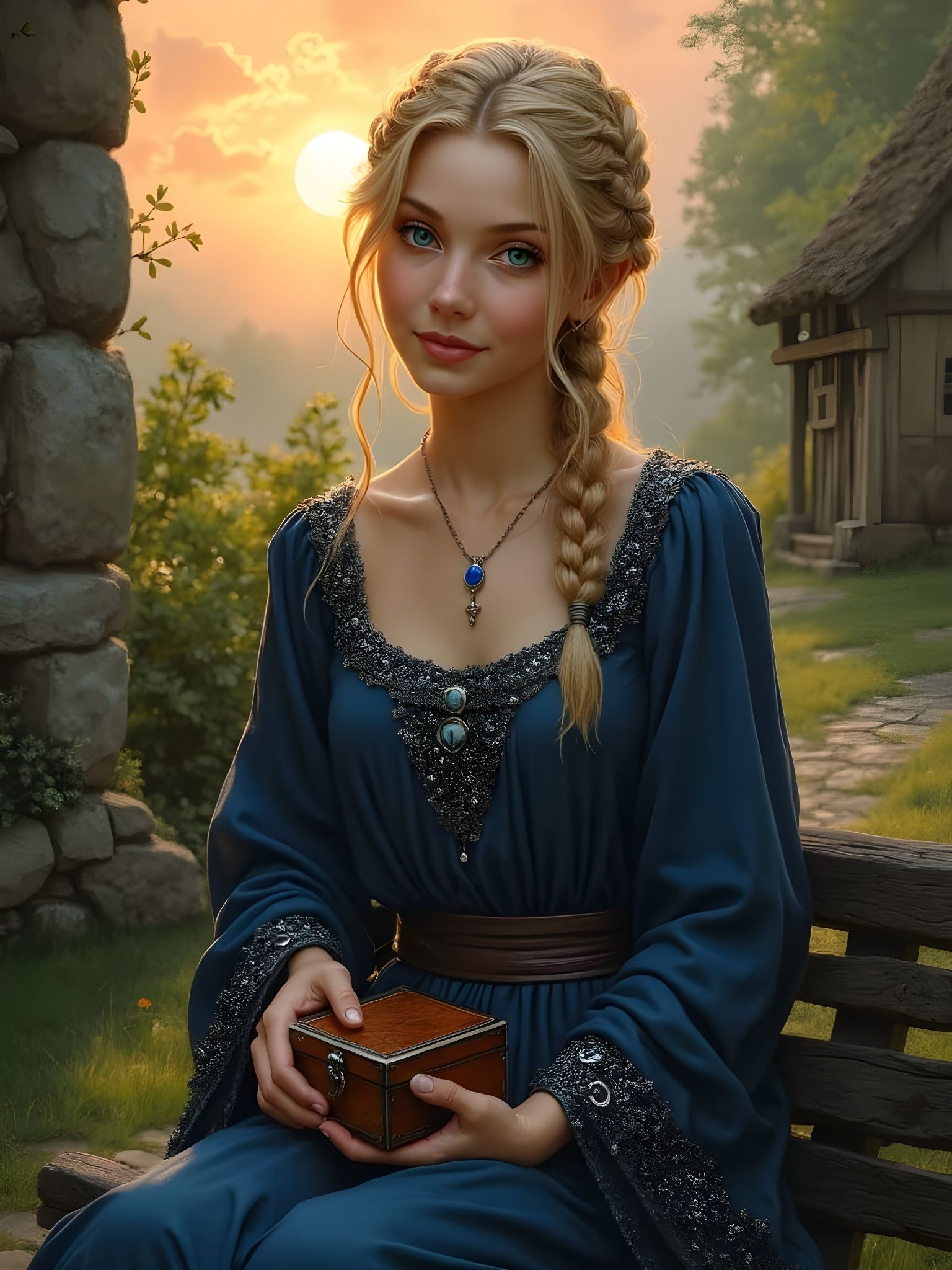 Norse Goddess Fulla in Village at Sunset as Oil Painting