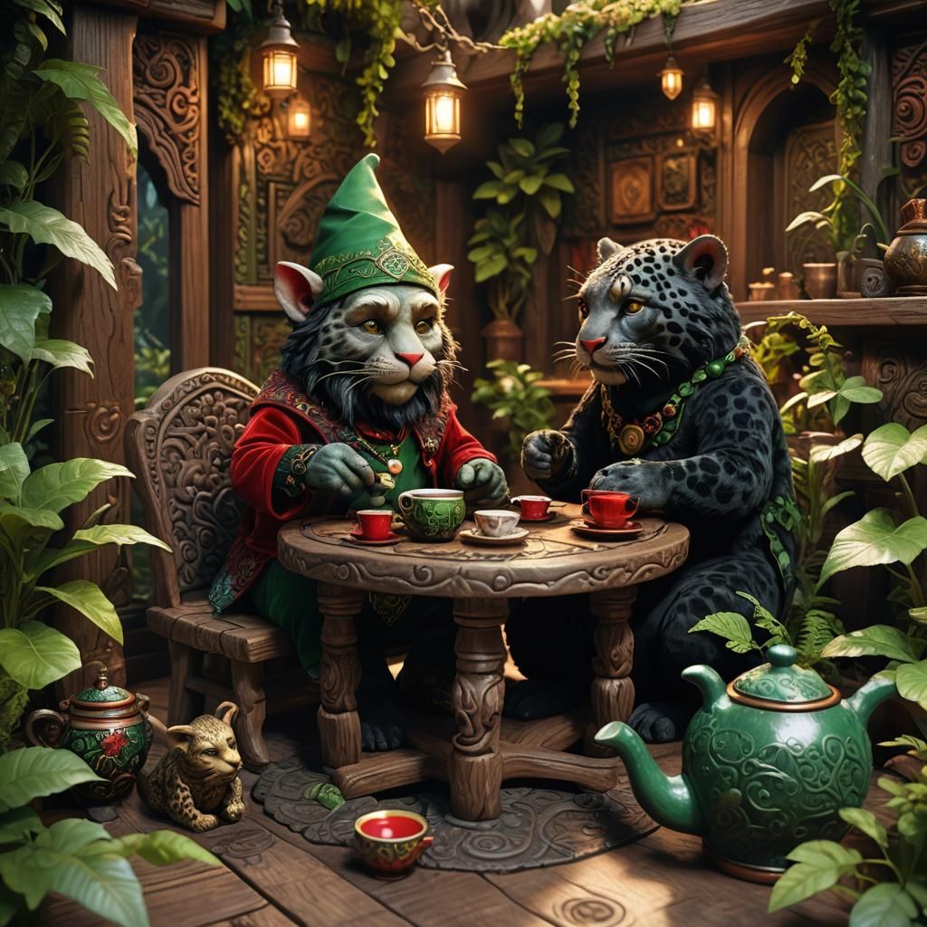 Gnome and Panther Tea Party in High Fantasy Style