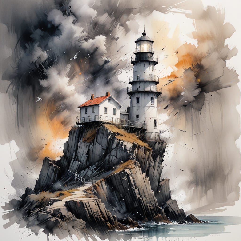 Lighthouse Charcoal Sketch in Expressive Watercolour Style