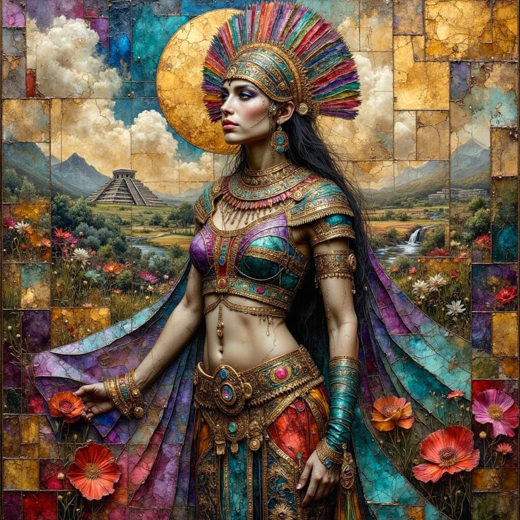 Mayan Warrior in Surreal Oil Painting with Metallics