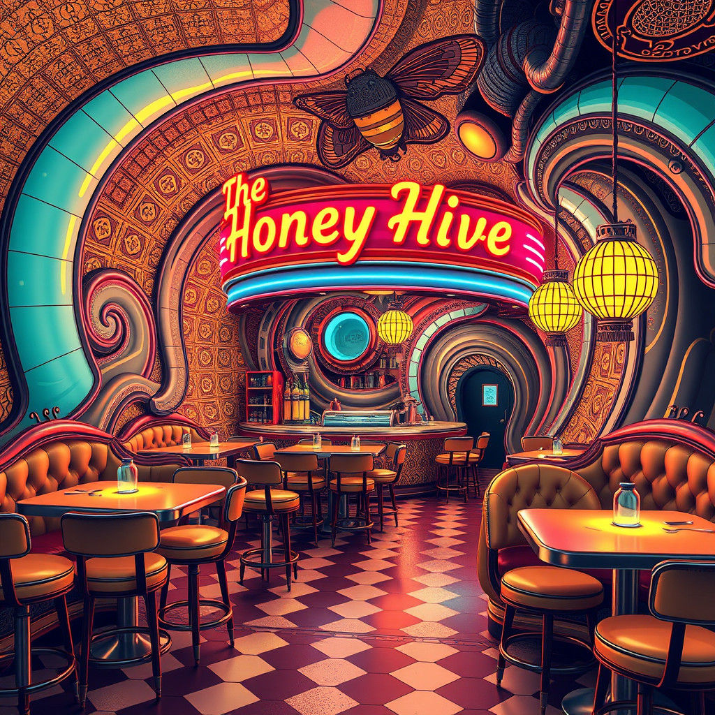 Retro-Futuristic Honey Bee Dive Bar in Fractal Style