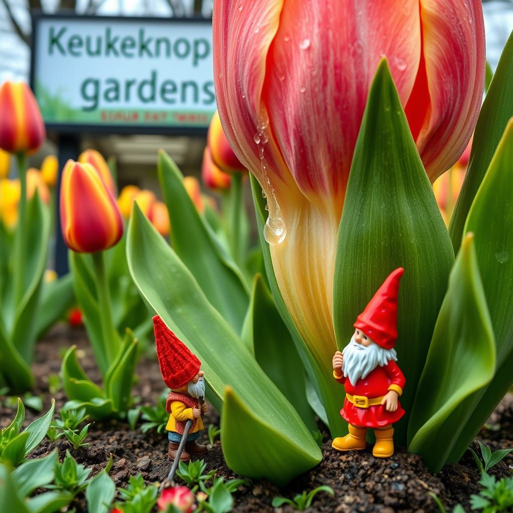 Vibrant Gnomes Tend to Majestic Tulip in Whimsical Garden Sc...