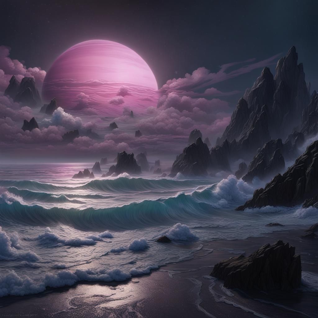 Saturn Rising Over Ocean: Dark Fantasy Concept Art