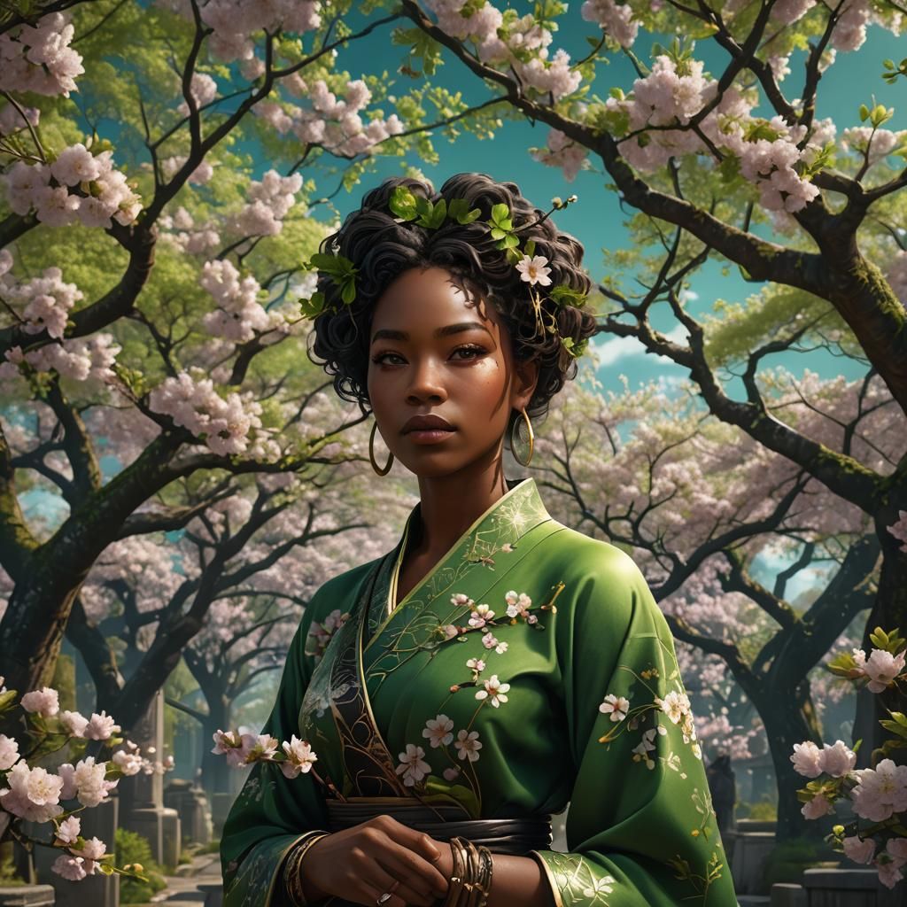 Black Woman in Green Cherry Blossoms: Detailed Matte Paintin...