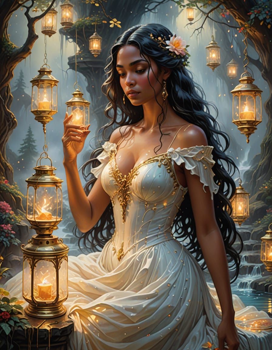 Ethereal Ebony Goddess in a Dreamlike Landscape