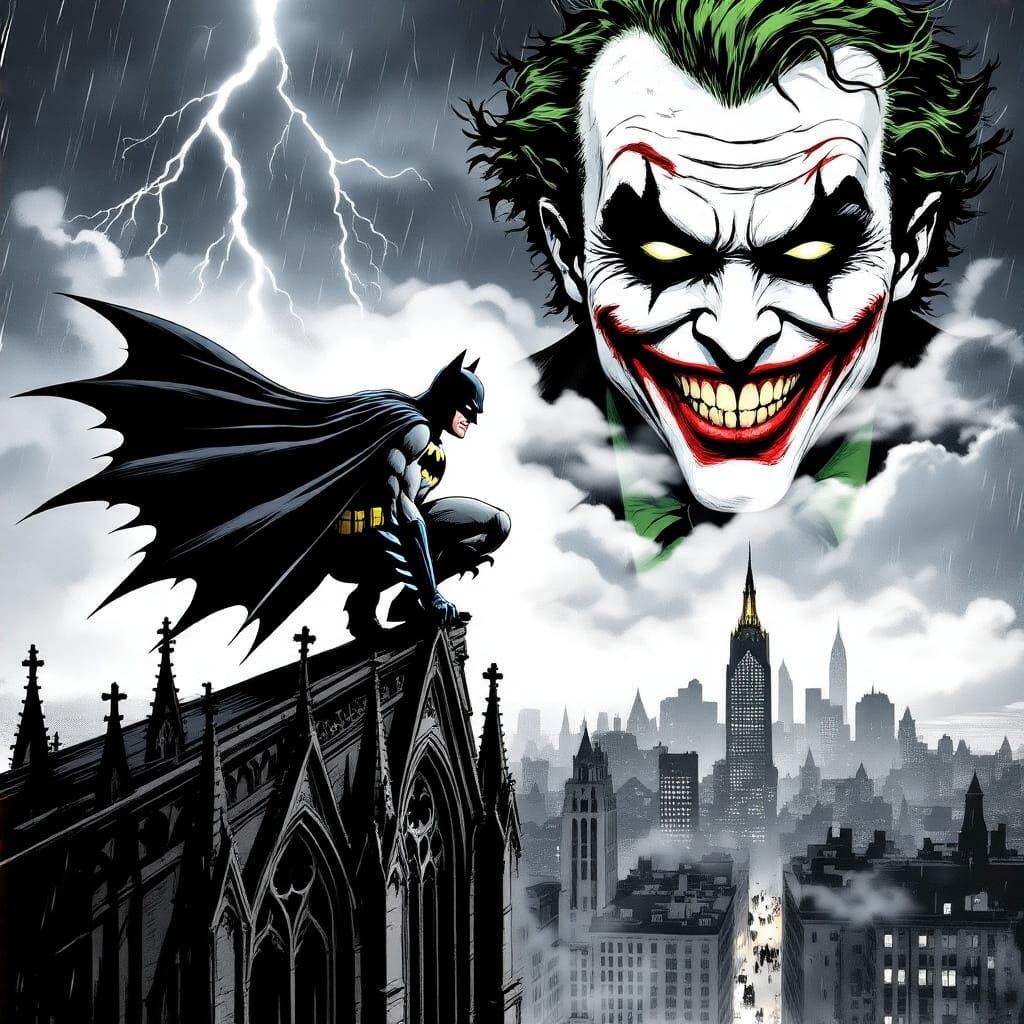 Batman Surveys Gotham City from Cathedral Spire