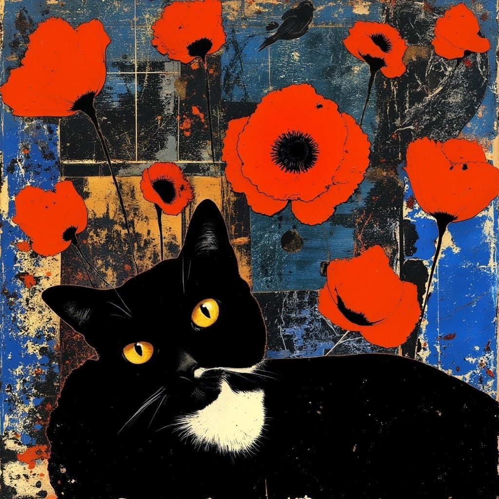 Mid-Century Bohemian Feline Portrait in Vibrant Iridescent H...