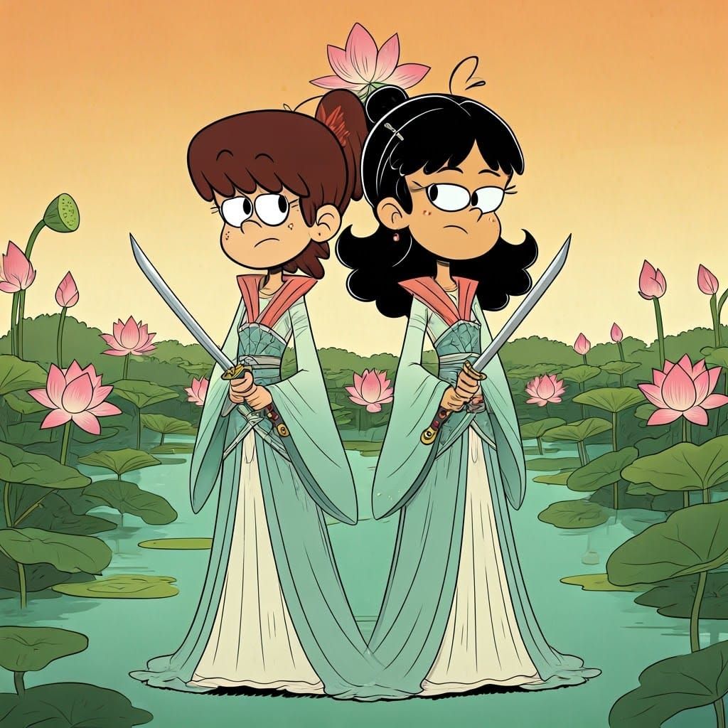 Lynn Loud and Stella Zhau, reimagined as lotus guardians, stand side-by-side in a serene lotus garden, their expressions...