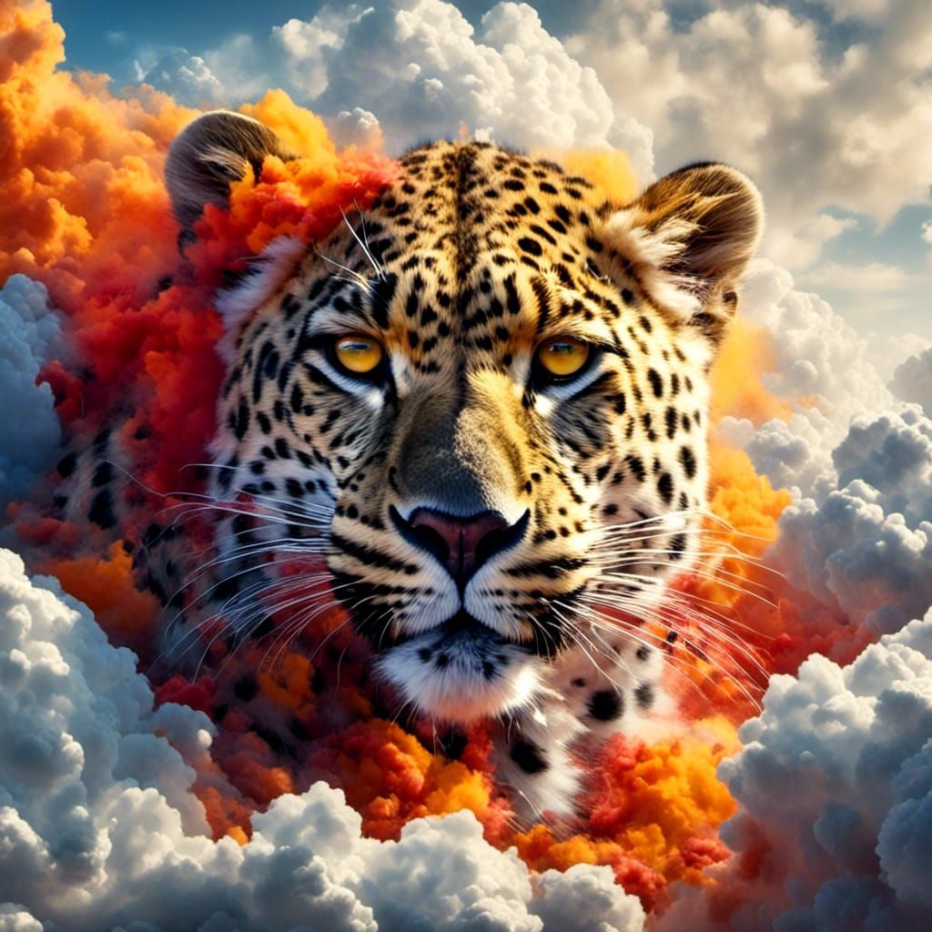 Cloud Leopard in Sky with Colorful Smoke