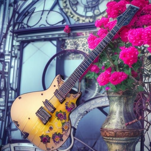 Steampunk Art Nouveau Electric Guitar with Flowers