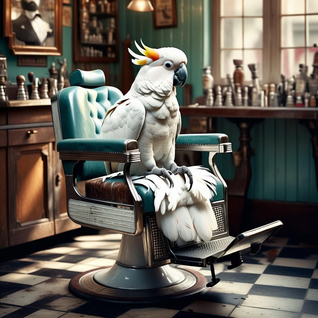 Hyperrealistic Barber Shop Cockatoo Portrait in Retro Style