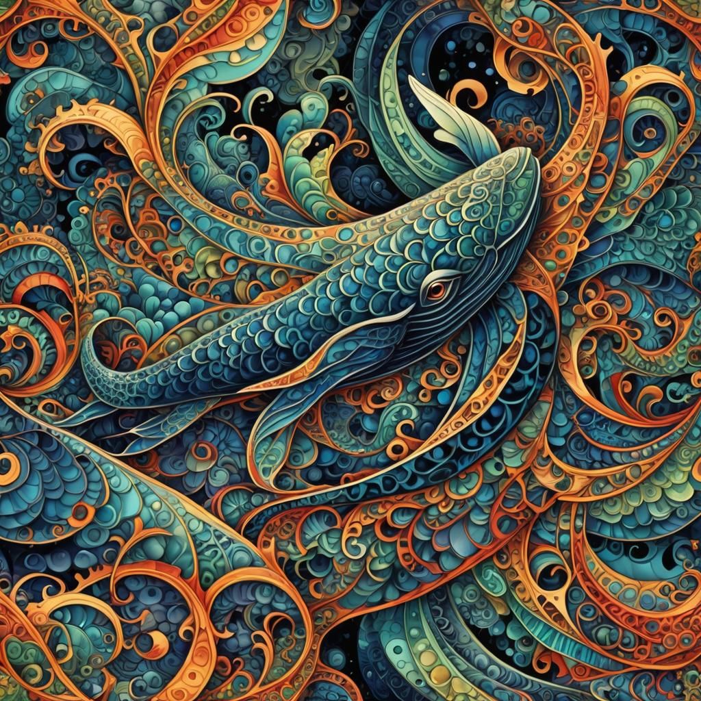 Whale Dragon Fractal with Zentangle Patterns