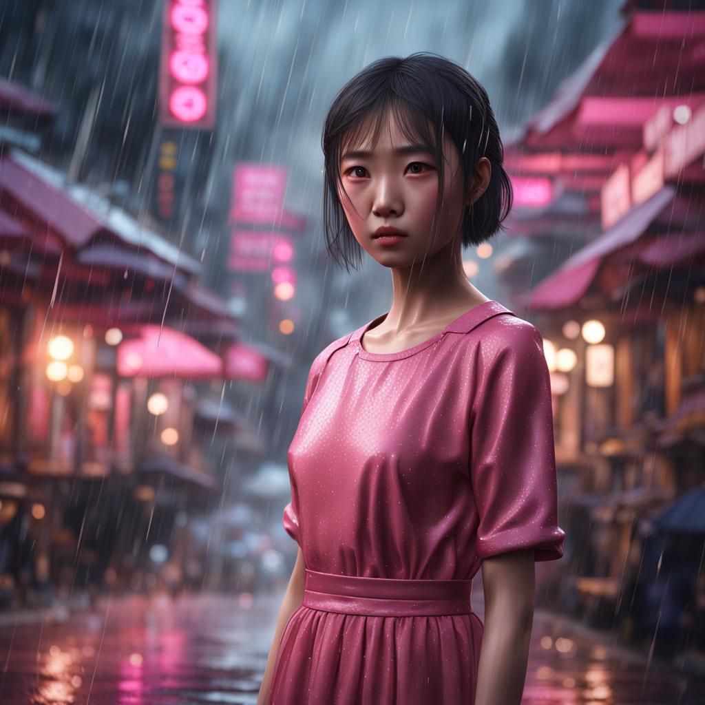 Crying Mannequin Girl in Rainy Street, Digital Painting