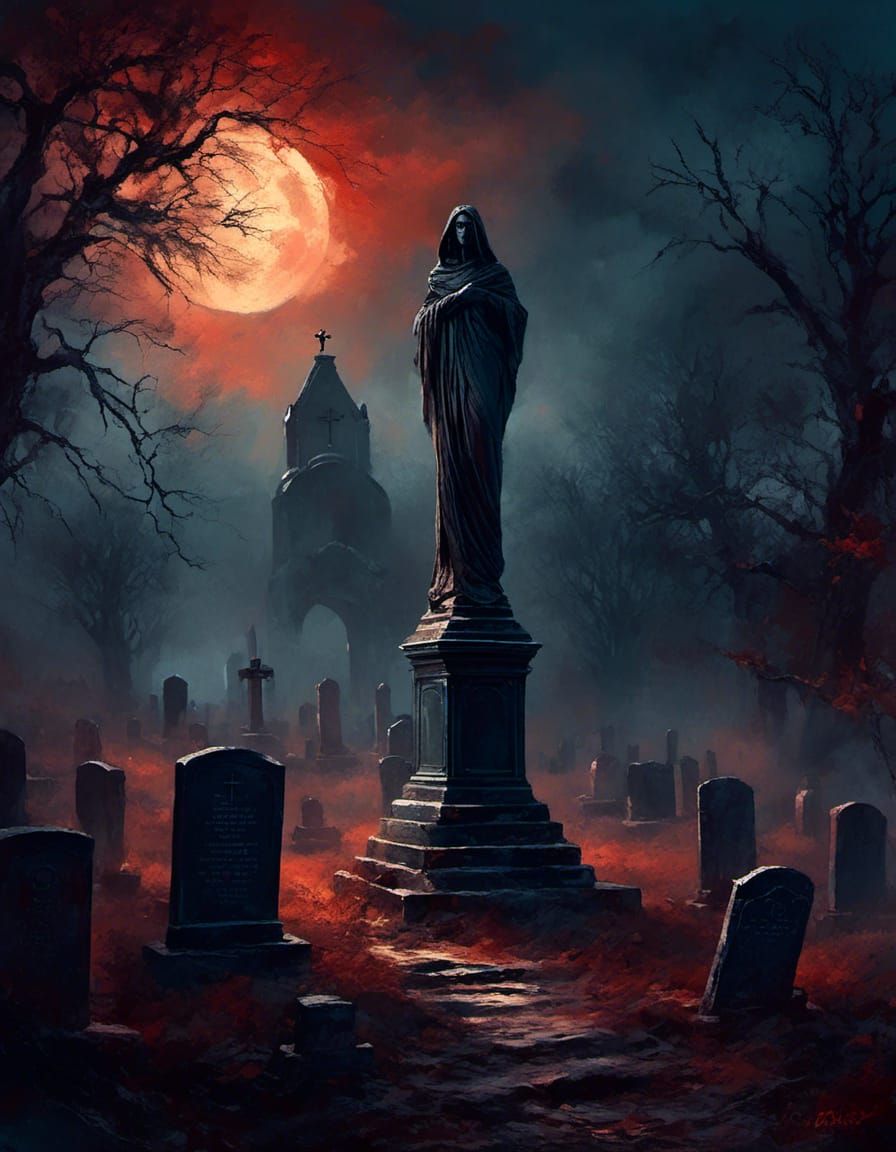 Ethereal Spectral Entity in Moonlit Cemetery Painting