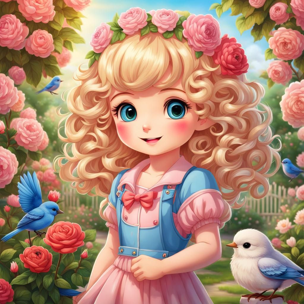 Chibi Blond Girl in Rose Garden, Anime Style