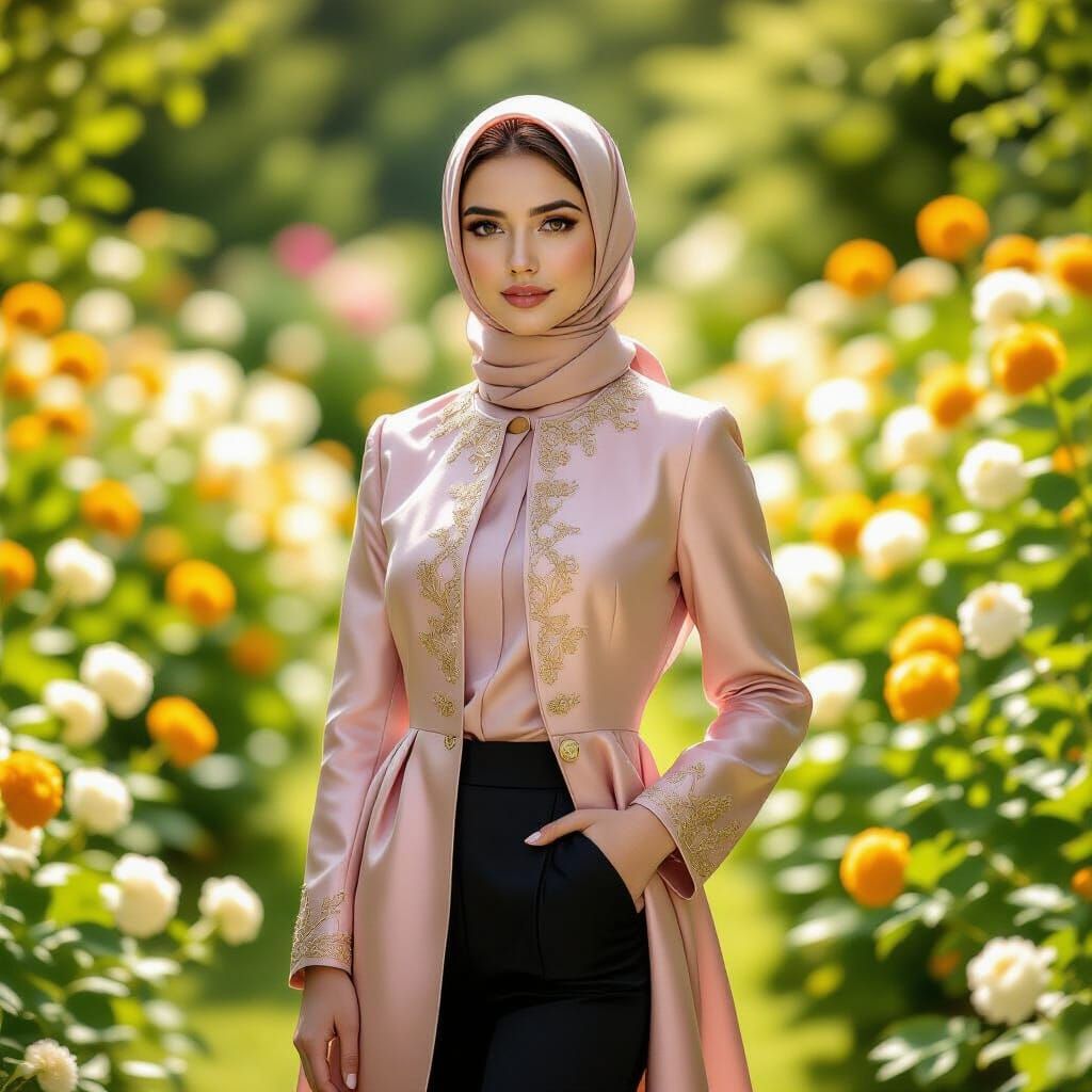 Elegant Woman in Rose-Pink Manteau in Sunlit Garden