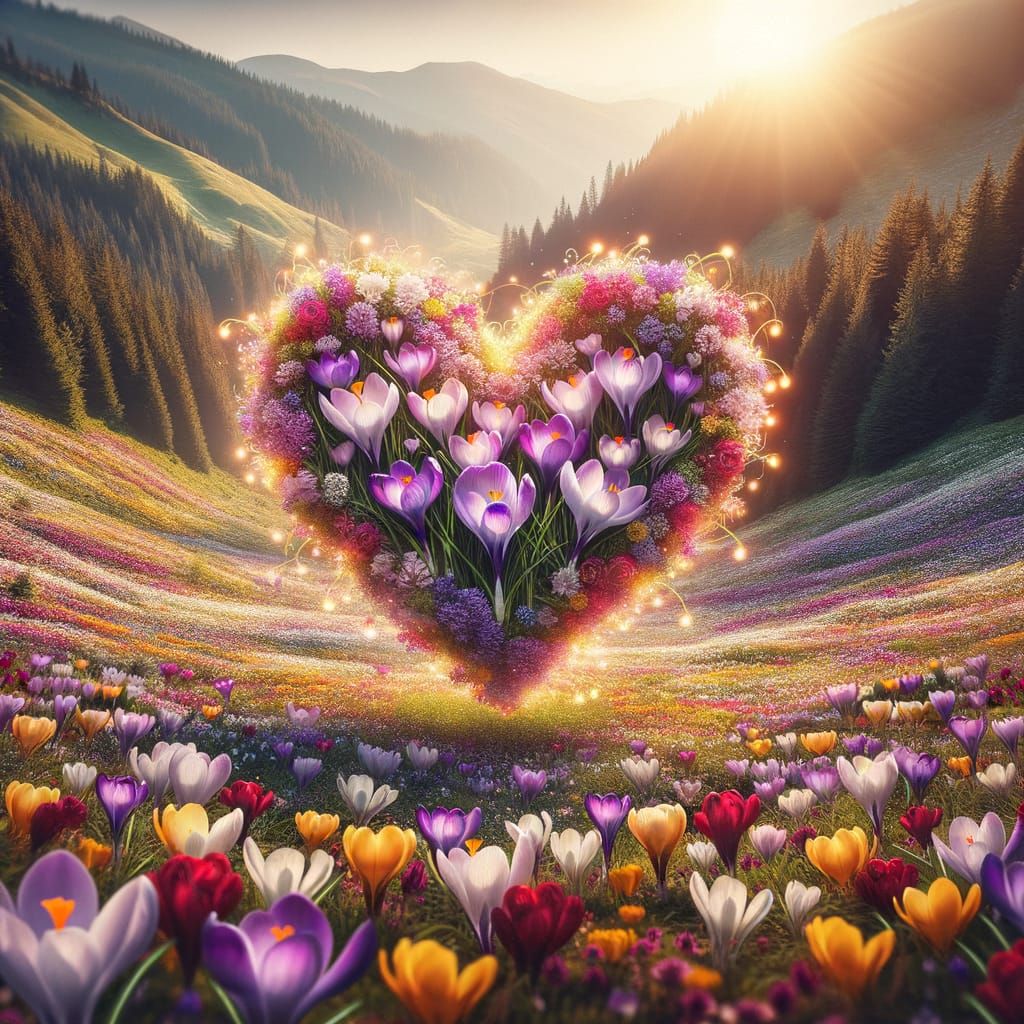 Crocus Heart Over Wildflower Meadow in Sunlight