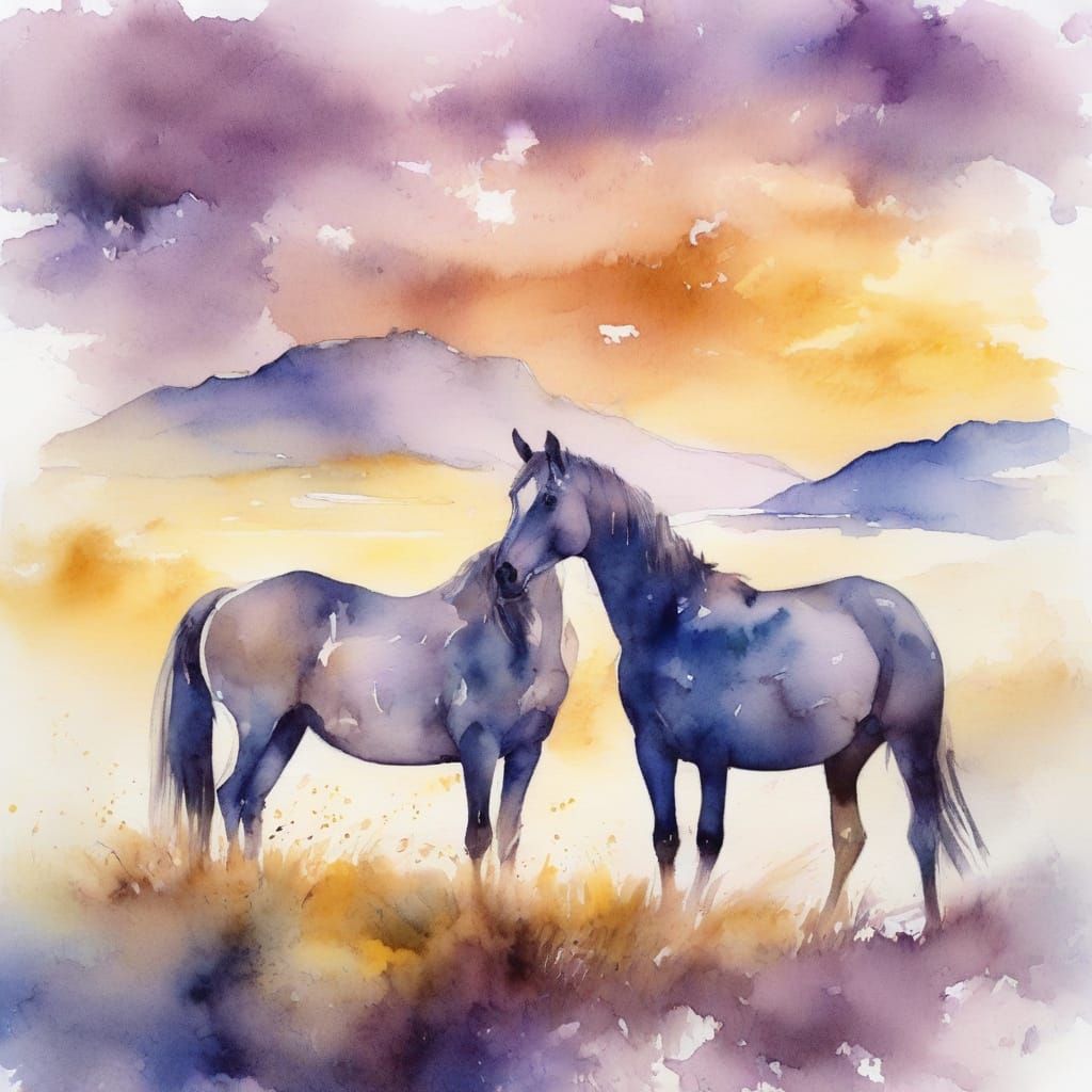 Dreamy Kalsoy Island Scene with Wild Horses at Sunset, Water...