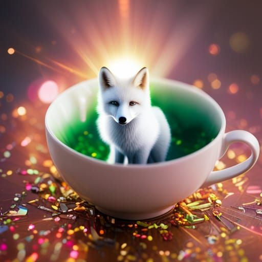 Miniature White Fox in Teacup: 3D Photorealistic Render