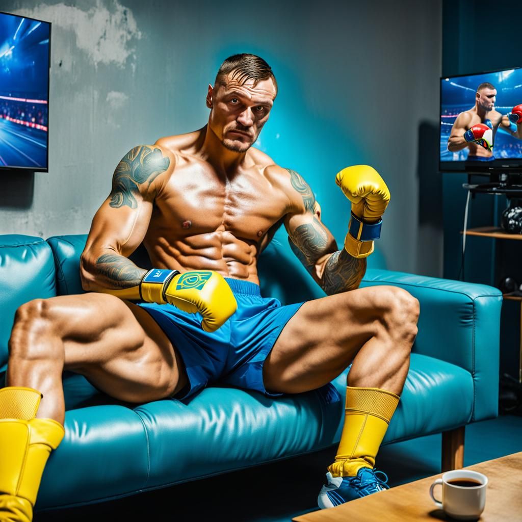 Ukrainian Boxer Watches TV in Cyberpunk Style