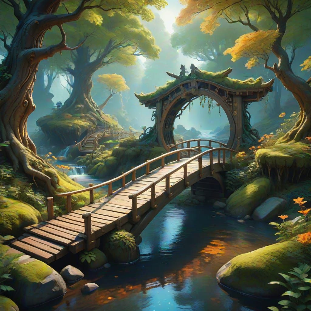 Enchanted Forest Scene with Brook and Bridge