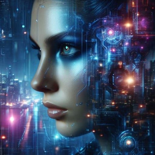 Futuristic Digital Portrait of a Woman in Neon-Lit Cityscape